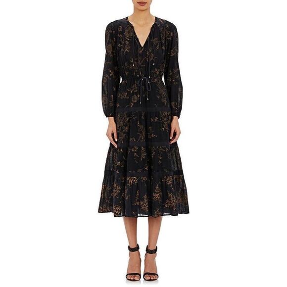 Ulla Johnson Dresses & Skirts - Ulla Johnson Varanasi Black Floral Long Sleeve Midi Dress Size 4